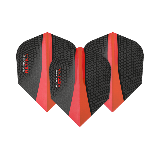 Das Bild zeigt drei Harrows Retina Rot No6 Flights für Darts. Sie sind schwarz mit einem roten Streifen und haben ein Wabenmuster.